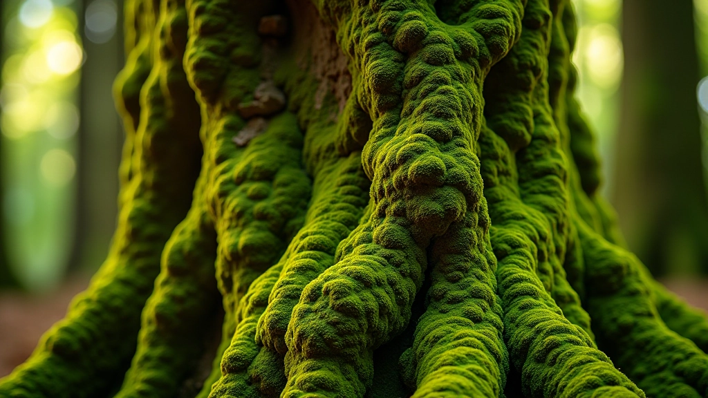 Close-up of ancient yew tree trunk with moss growth, dappled light creating intricate shadow patterns on rough bark texture