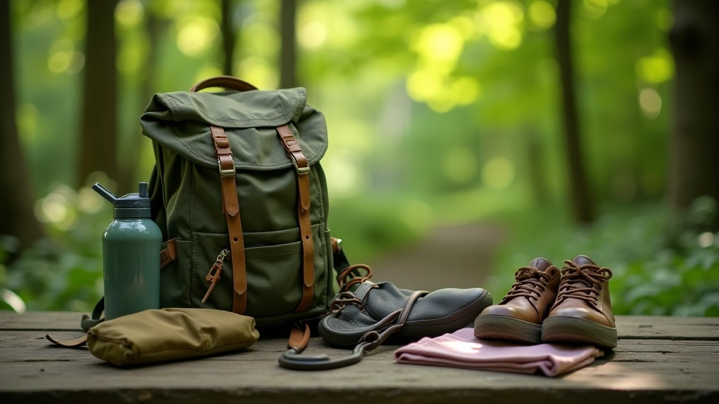 Backpack and hiking essentials laid out on table with water bottle, comfortable shoes, and weather-appropriate clothing
