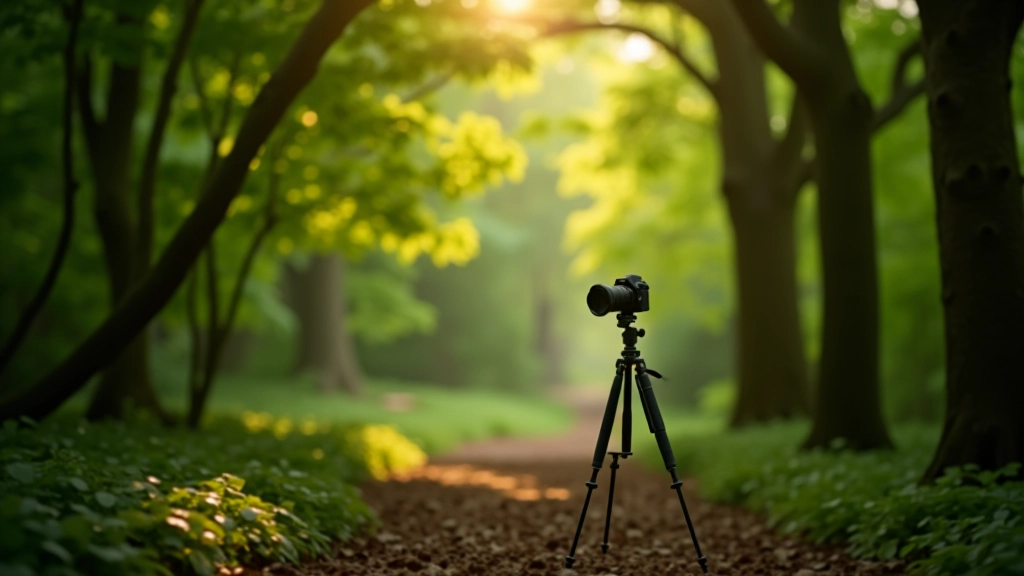 Camera on tripod in forest setting with dappled light creating patterns through tree canopy