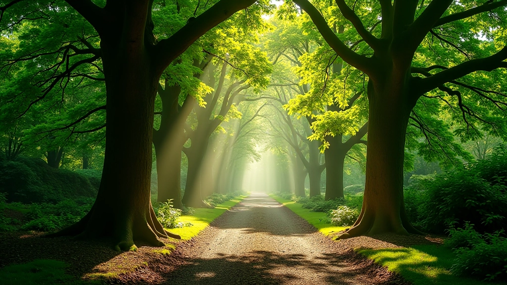 Dappled light filtering through ancient yew tree canopy in Irish woodland, creating soft shadows on forest floor