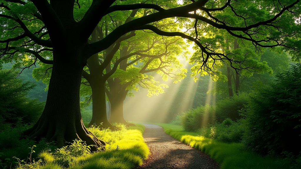 Forest photography example showing dappled light through ancient tree canopy