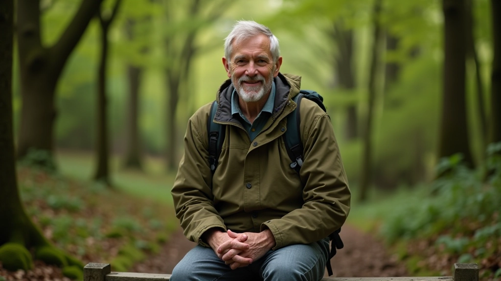 Hiker in layered clothing sitting on a woodland bench, waterproof jacket and comfortable walking clothes visible