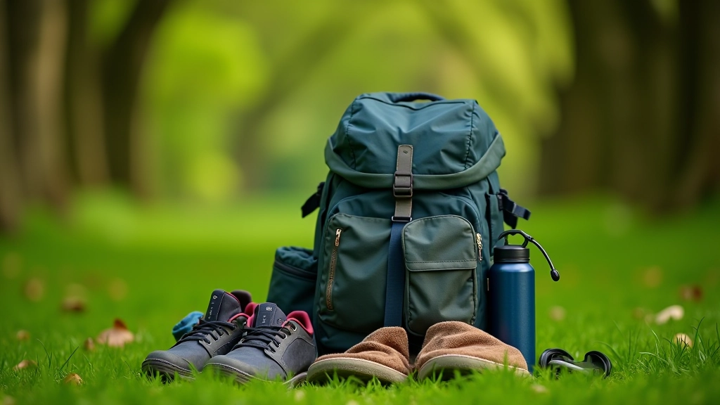 Hiking backpack laid out on grass with water bottle, comfortable walking shoes, and weather-appropriate clothing items displayed