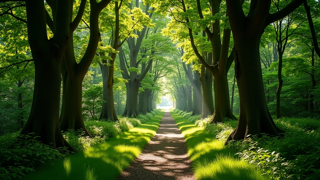 Muckross Peninsula woodland shade paths with mature trees, natural walking environment