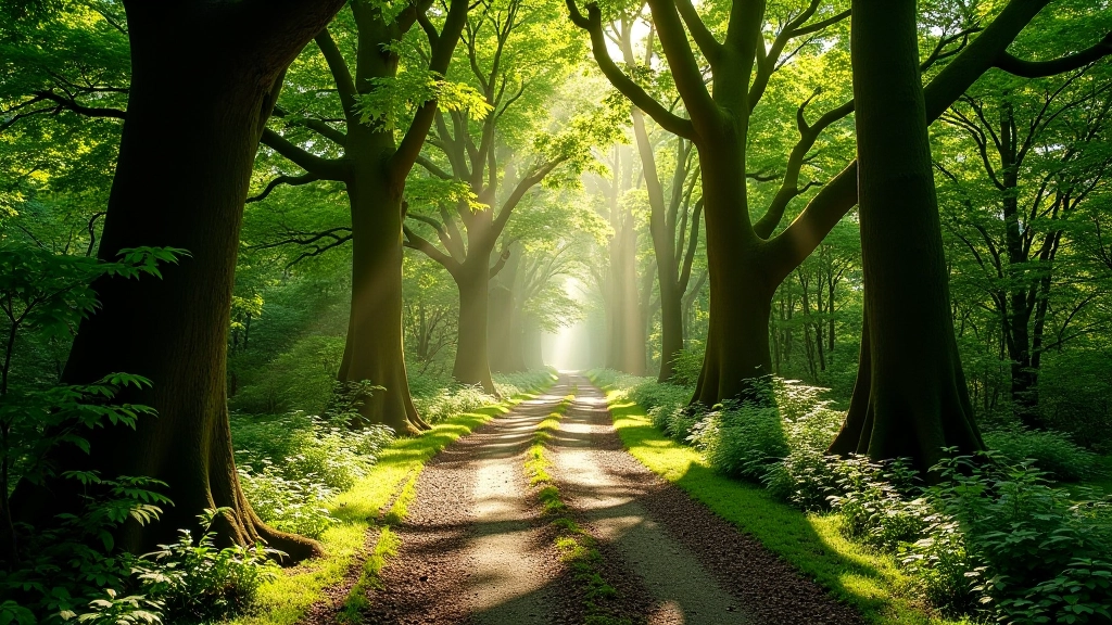 Muckross Peninsula woodland path with ancient yew trees and dappled sunlight filtering through the canopy