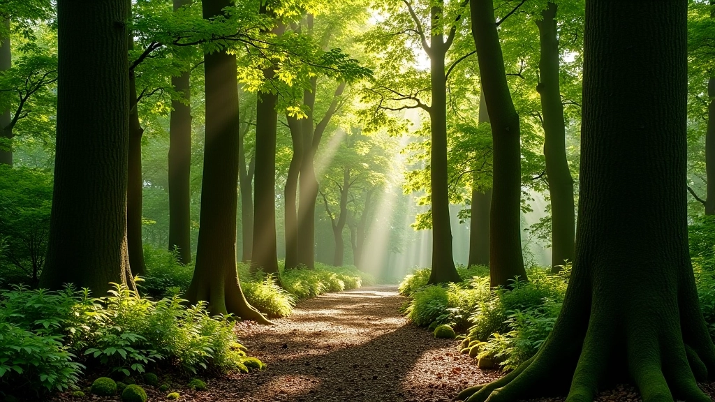 Sunlight streaming through dense canopy of ancient forest trees creating natural patterns on forest floor