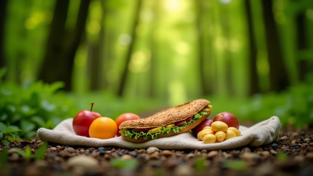 Packed lunch spread on woodland picnic cloth including sandwich, fruit, and snacks among forest surroundings
