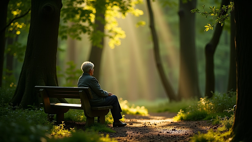Peaceful forest scene showing person sitting on bench in woodland, surrounded by ancient trees and natural light