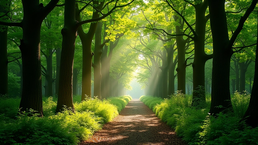 Peaceful woodland forest interior with dappled sunlight filtering through mature tree canopy