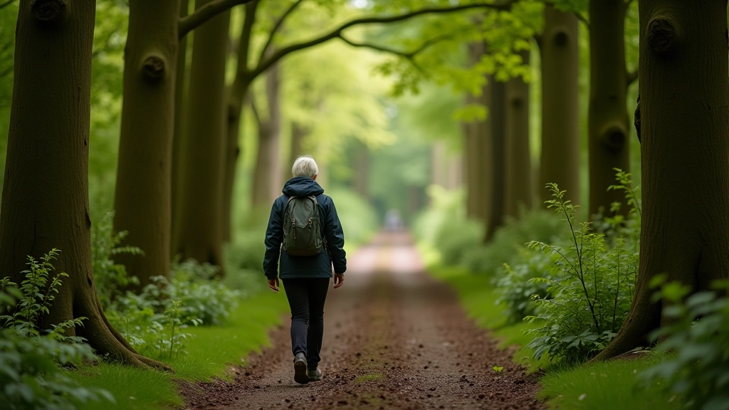 Person walking on woodland path among ancient yew trees, peaceful forest setting with natural lighting