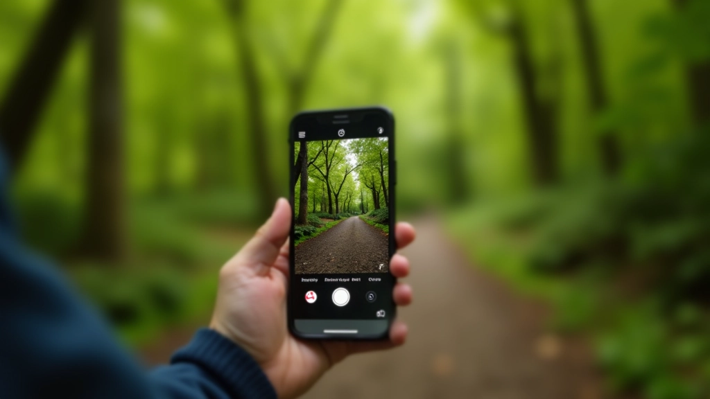 Smartphone display showing camera app interface with exposure controls visible, held at chest height in a forest setting with green foliage visible around the edges