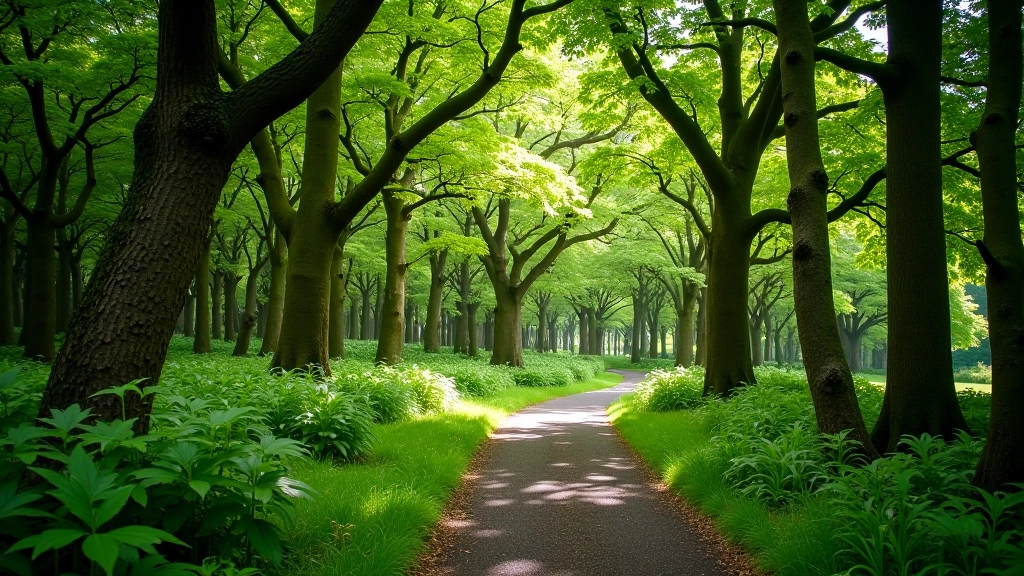 Reenadinna Yew Wood forest path with ancient trees and trail markers visible through green canopy