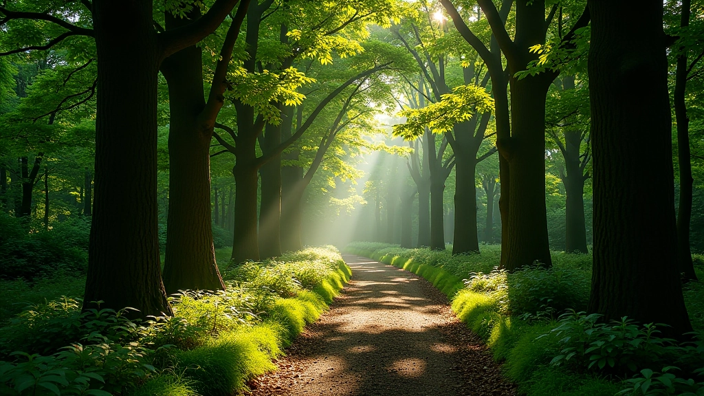 Serene old growth forest with ancient trees and dappled light filtering through canopy