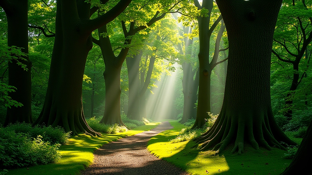Peaceful woodland scene with ancient yew trees and natural light