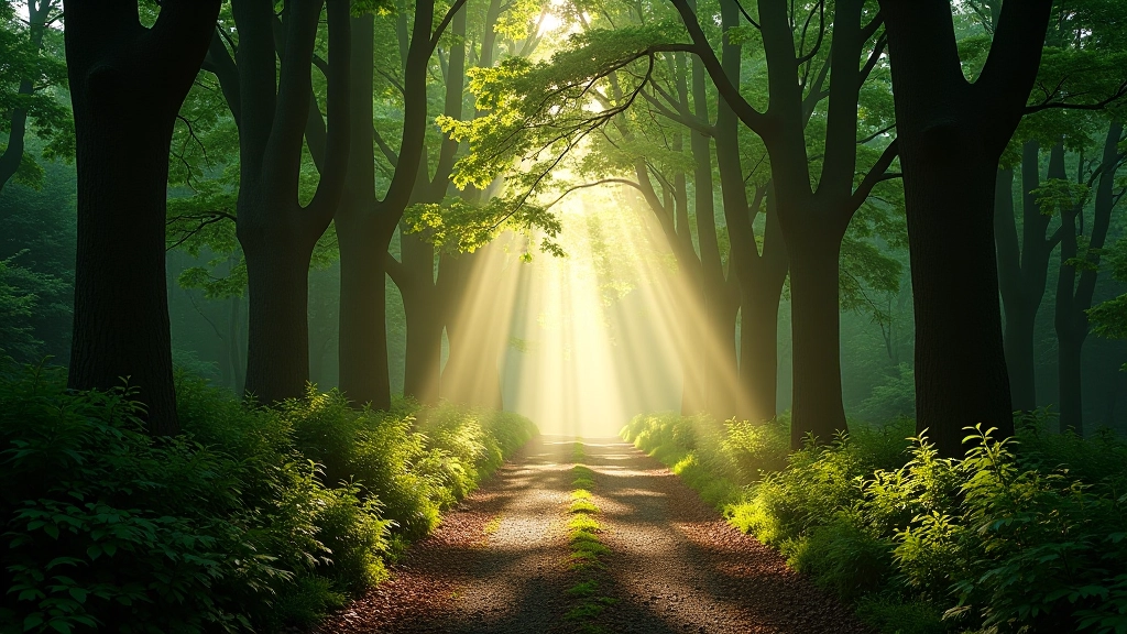 Ancient yew woodland path with dappled sunlight filtering through canopy