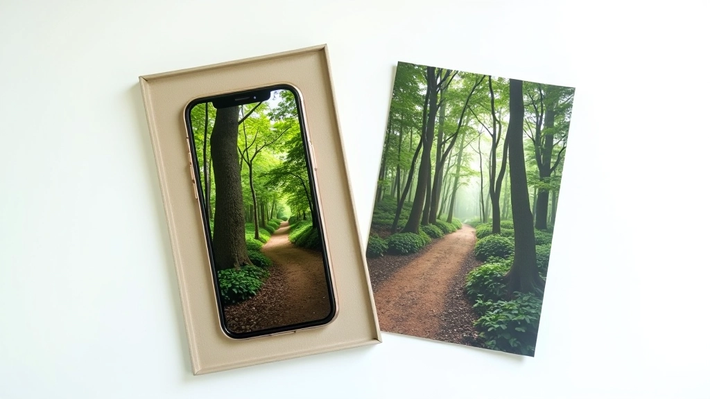 Comparison display showing same woodland scene photograph on modern smartphone screen next to printed photograph on white mat, both showing similar quality