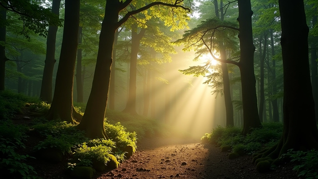 Sunlight breaking through old growth forest canopy, creating atmospheric rays of light in misty morning woodland air