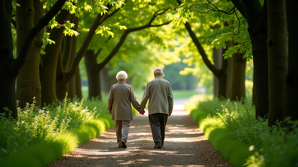 Retirees enjoying a peaceful moment on a woodland path in afternoon light