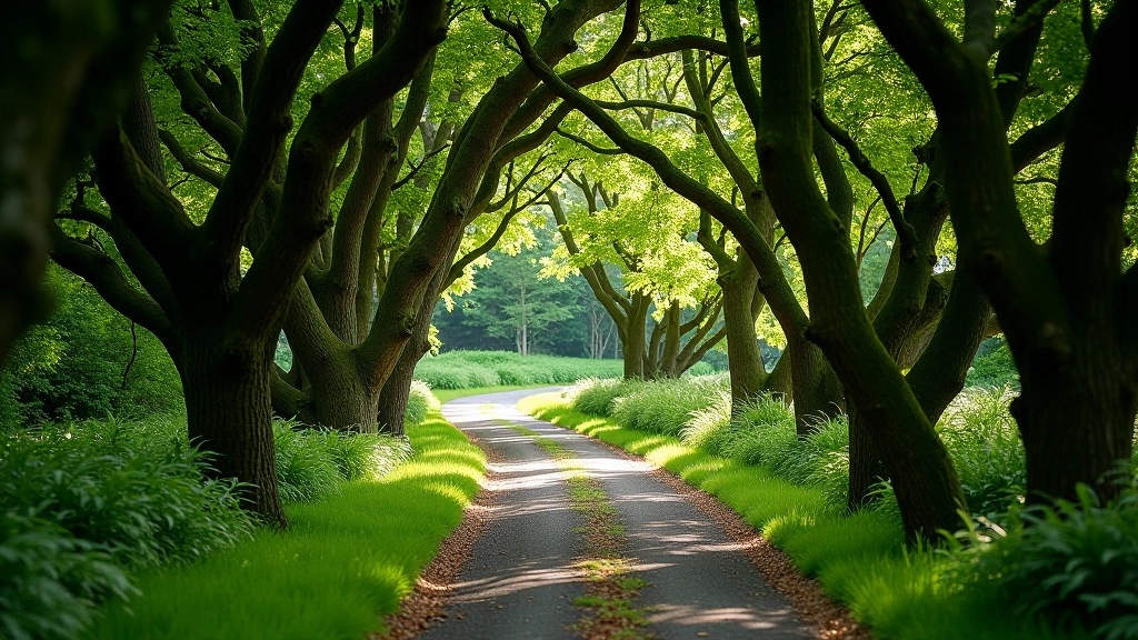 Walking path winding through dense yew woodland with natural archway formed by overhanging branches