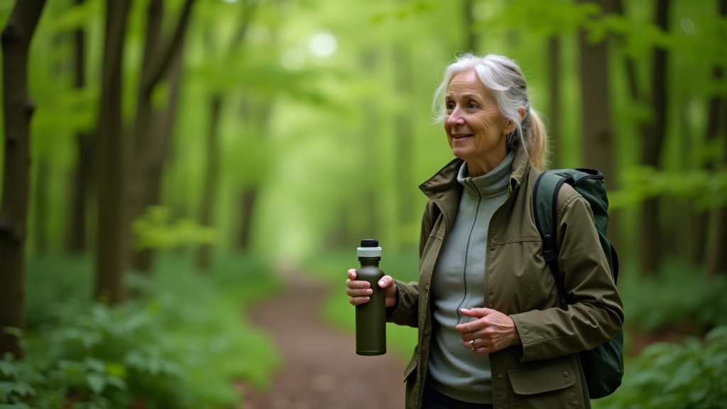 Hiker holding a water bottle on a woodland trail, backpack visible, peaceful forest setting