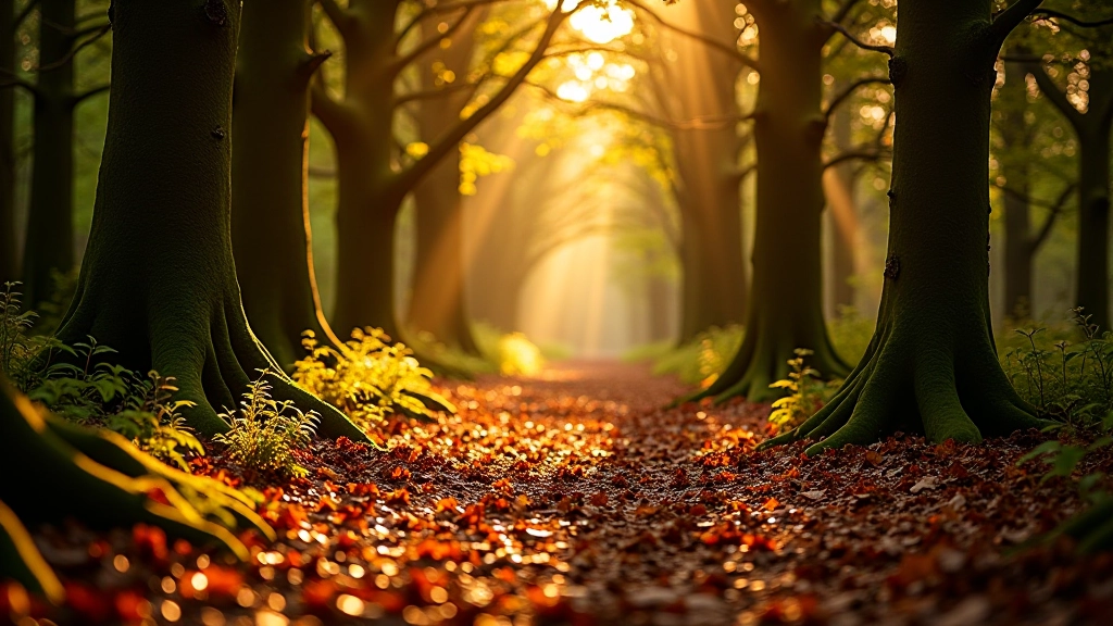 Forest floor covered with fallen yew needles and decomposing leaves, golden hour light breaking through canopy creating warm amber tones across the ground