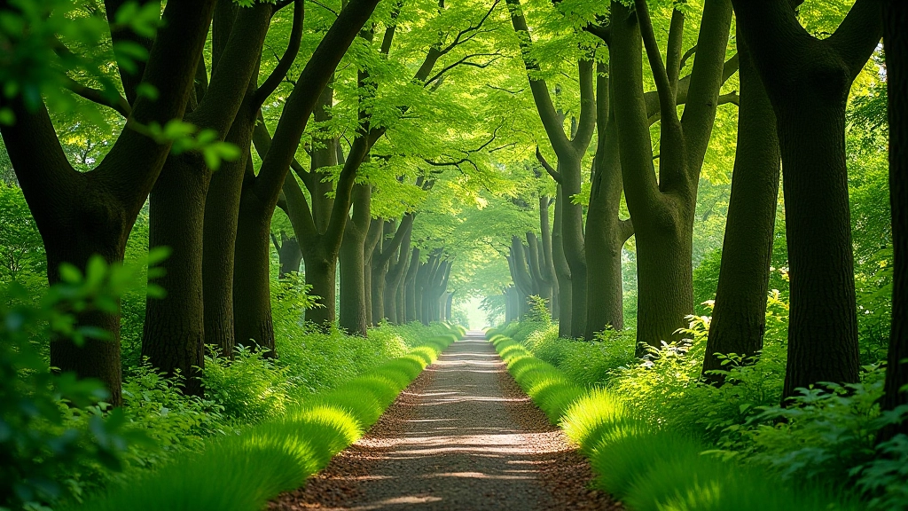 Reenadinna yew woodland forest with walking path and shade trees, serene landscape